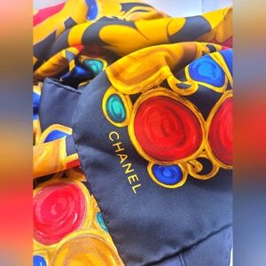 CHANEL 90s Vintage Navy 100% Silk Pearl Ribbon Scarf